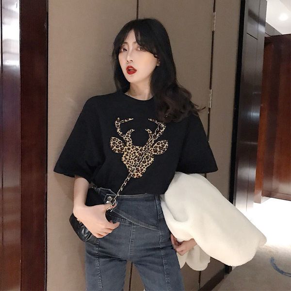 

korean style hip short sleeve pullover 2xl oversized tshirt women women 2020 summer mujer leopard style shirt, White