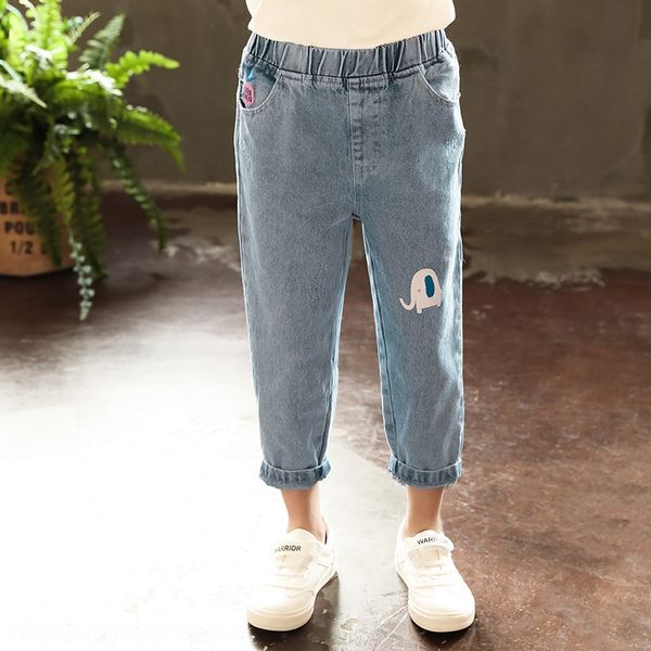 

children's denim pants in 2020 girls' medium and jeans and large children's pure color all-match casual cartoon jeans, Blue