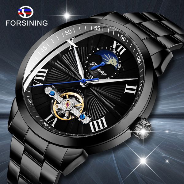 

forsining mechanical watch men automatic moon phase stainless steel band business watches clock relogio men watches, Slivery;brown