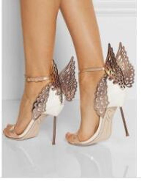 Venda Quente-Geline Angel Wing Sandal Plus Genuíno Bombas De Casamento De Couro Pink Glitter Shoes Mulheres Borboleta Sandálias Sapatos