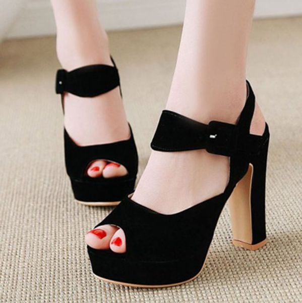 

lihuamao suede peep toe square heel sandals platform ankle strap pumps party casual wood grain heels wedding shoes, Black