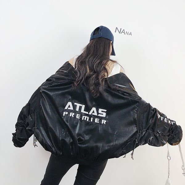 

2019 fall winter long sleeve bomber jacket women girl's heap metallic holigram jacket graphic coats sleeve bondage dance hip hop, Black;brown