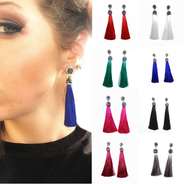

yjsfg house handmade long tassel earrings bohemian black red blue white silk crystal dangle drop earrings for women jewelry, Silver