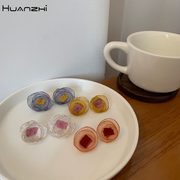 

huanzhi 2020 new japan vintage sweet chiffon organza hit color minimalist flower stud earring for women girls jewelry gifts, Golden;silver