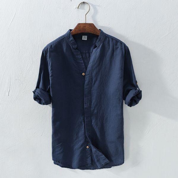 

men 2020 spring and autumn fashion brand japan style vintage cotton linen long sleeve v-neck shirt male casual solid color shirt, White;black