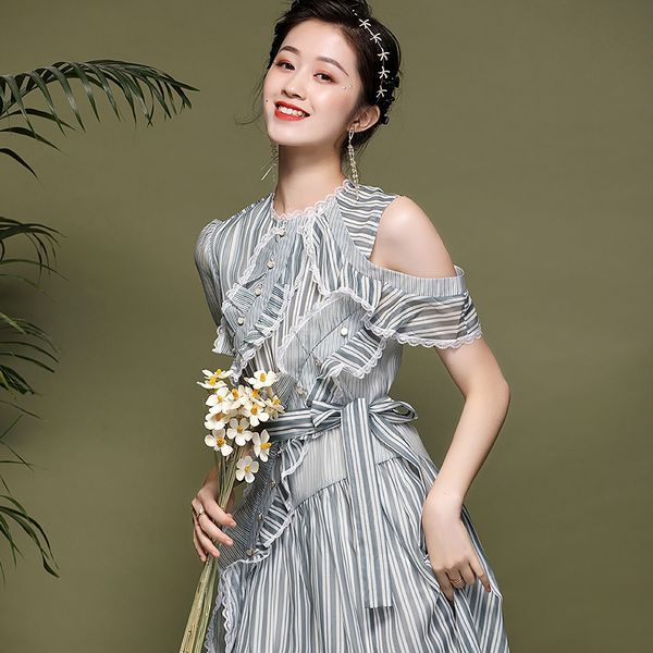 

2020 summer women's striped short sleeved asymmetrical casual ruffles dresses 19065, Black;gray