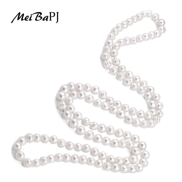 

meibapj 9-10mm size nice charm real freshwater pearl necklace for women 120cm long sweater chain white fashion jewelry xl-069 t190626, Silver