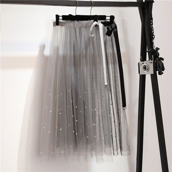 

summer fashion tulle skirts women mesh pearl beading long skirts elegant see-through lace up high waist pleated skirts q241, Black;gray