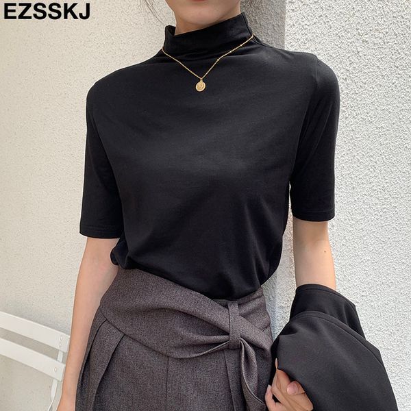 

2019 spring summer 95% cotton t shirt women high neck half sleeve t-shirt slim fit women t shirt tee shirt femme 3xl y200110, White