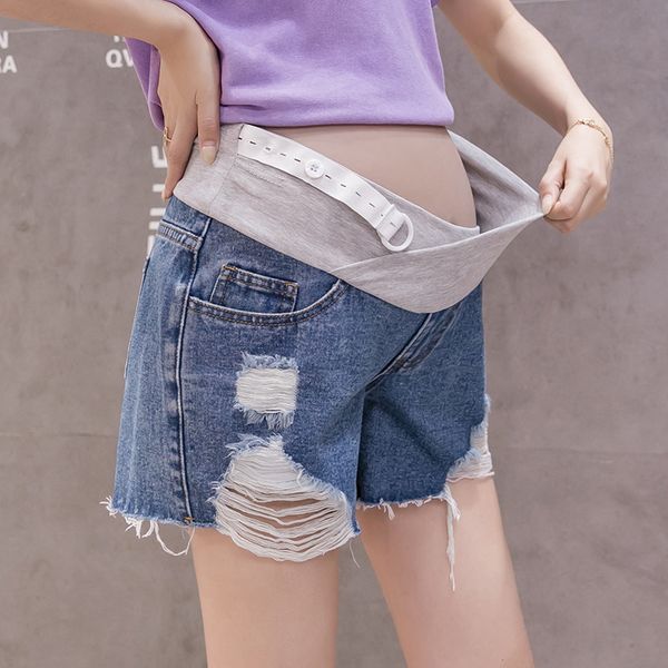 

pregnant woman summer loose wide leg pants with tassel holes plus size maternity denim shorts casual vintage short jeans pants, White