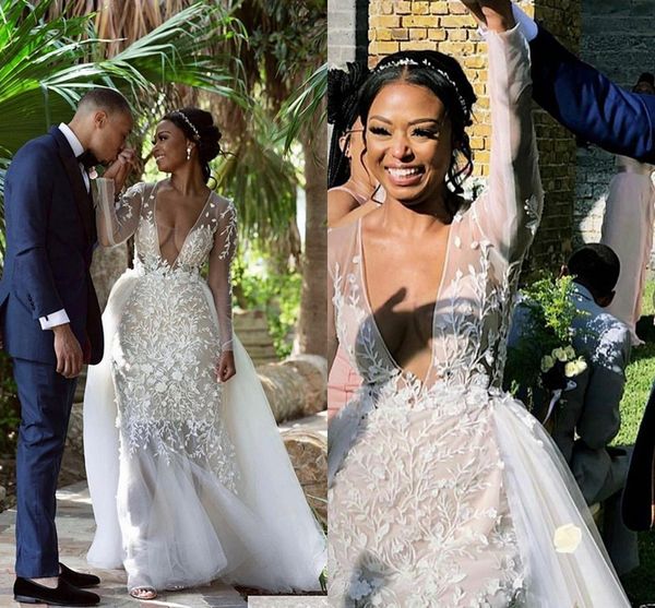 

aso ebi mermaid berta wedding dresses with detachable train 2020 v-neck illusion long sleeve lace applique african wedding gown, White