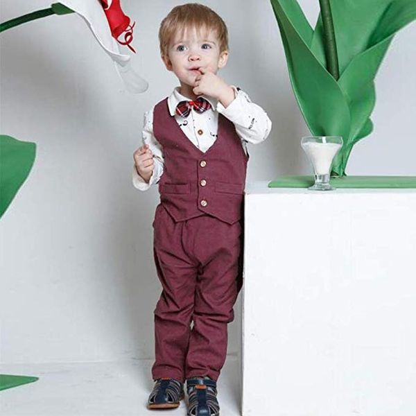 

малыш мальчик мебельное 4шт kid baby boy жилет + tie + рубашка с длинным рукавом + кальсоны техники свадебные одежды джентльмен костюм набор, White