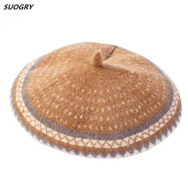 

winter wool beret hats for women knitted cap beanie mushroom hat vintage female flat cap chapeau femme british beret 2019, Blue;gray