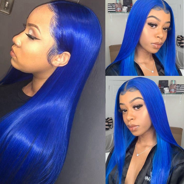 

blue wig human hair 180 density lace wig humain hair pre plucked lace front human hair wigs colored lace frontal wig straight, Black
