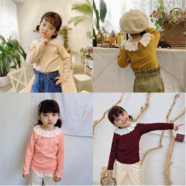

girls bottom shirts children long sleeve lace neck t-shirts 2019 autumn toddler kids solid color bottoming tee shirt clothes, Blue