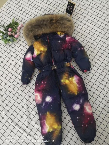 

2019 winter baby girl down coat baby clothes print outerwear fur hooded children's snowsuit down overall child jumpsuit romper, Blue;gray