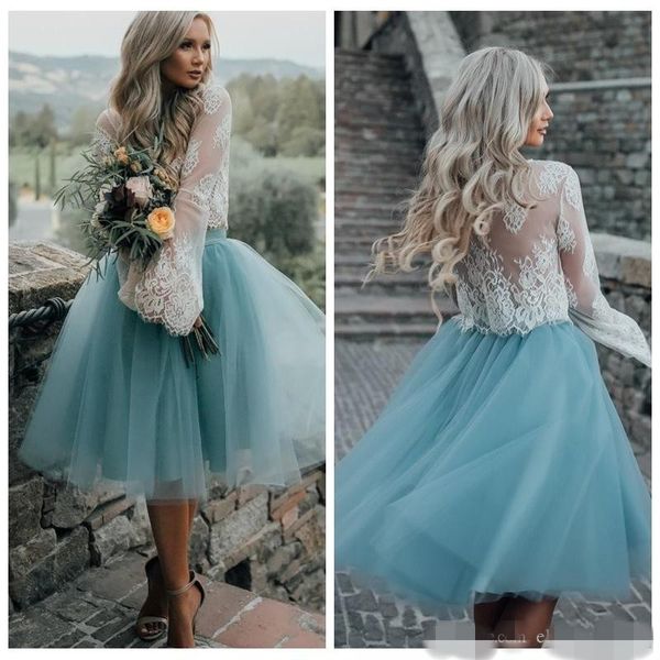 2019 Abiti da ritorno a casa in due pezzi maniche lunghe in pizzo gioiello A Line Tulle Cocktail Party Ball Gown corto verde bianco personalizzato Made2315