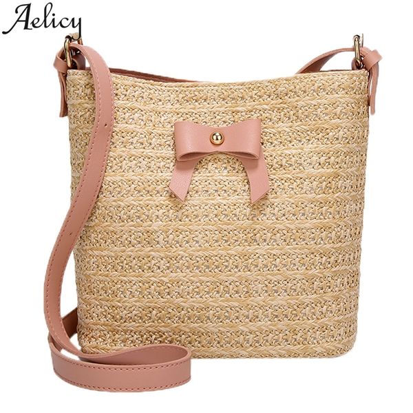 

aelicy 2019 bucket straw women's bags summer rattan bag hand-woven beach messenger bag multifunctional tote