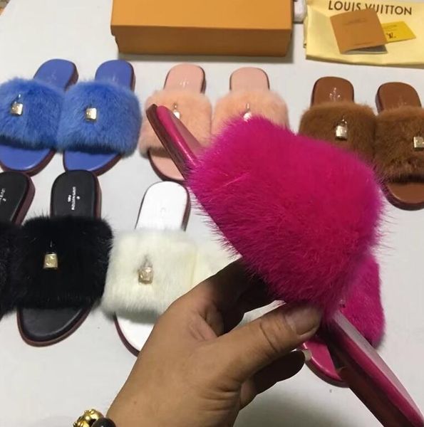 

new real fox fur slippers slides shoes furry fuffly slipper flip flops sandals sliders drag sandal summer shoes women, Black