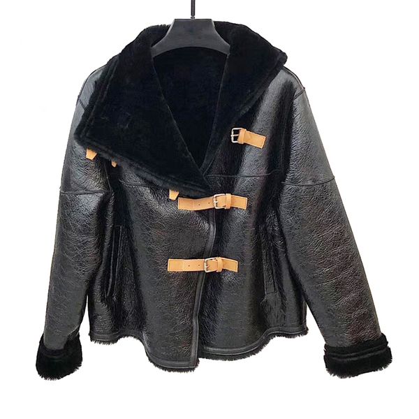 

women genuine leather fur coats sheep leather shearling jackets ladies fashion long sleeve winter double face fur coat, Black