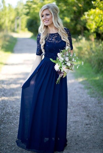 Abiti da damigella d'onore country caldi lunghi per matrimoni chiffon blu scuro maniche corte illusione perline di pizzo lunghezza del pavimento abiti da damigella d'onore HY343