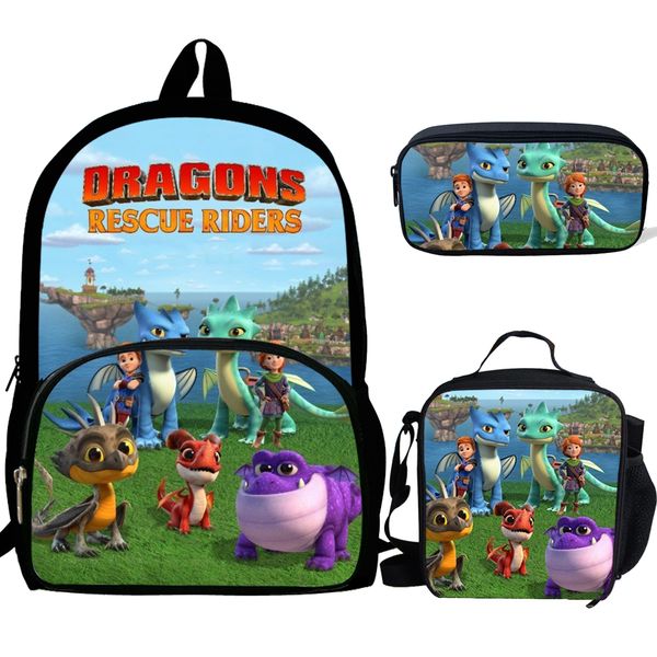 

16inch mochila boys school bags dragon rescue riders backpack bag for boys girls rucksack teenagers 3 set gift kids luch bag