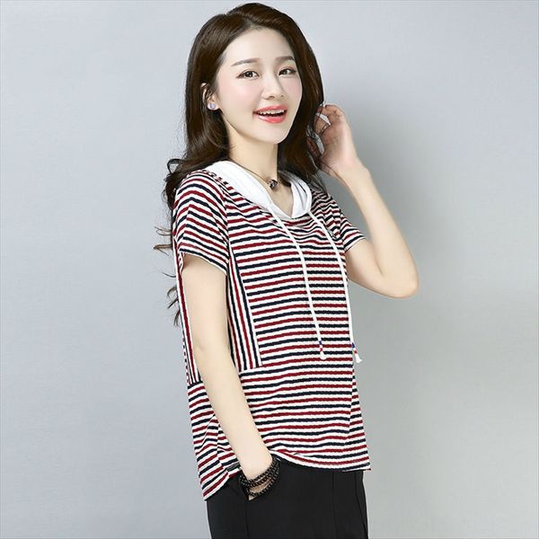 

striped short sleeve women's t- loose hooded large size women's 2019 half sleeve t-shirt base shirt, White