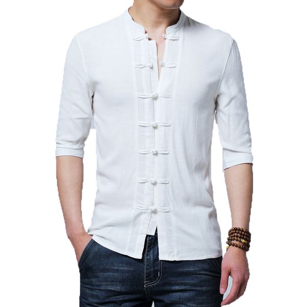 

men cotton linen shirts 2019 mens half- sleeve slim mandarin collar shirts male business cotton dress camisa masculina, White;black