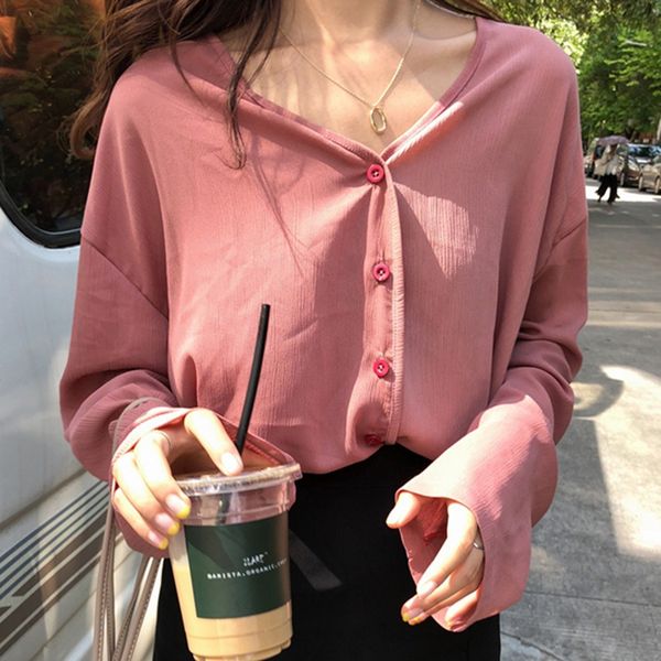 

women fashion solid shirts women chiffon blouses female loose long sleeve v neck blouses clothing, White