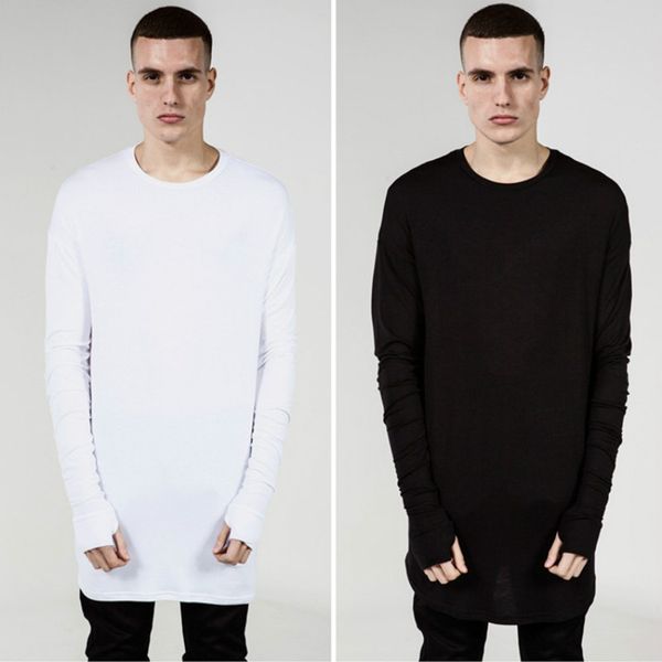 

bieber extend hip hop long sleeve t-shirt men arc hem tshirts mens oversize t shirt simple solid color undershirts, White;black