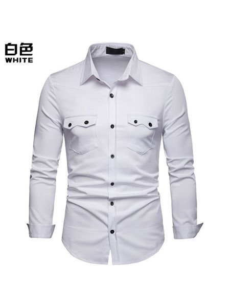 

spring new shirt men long sleeve multi-pocket lapel casual shirt petticoat solid color business men brand clothing, White;black