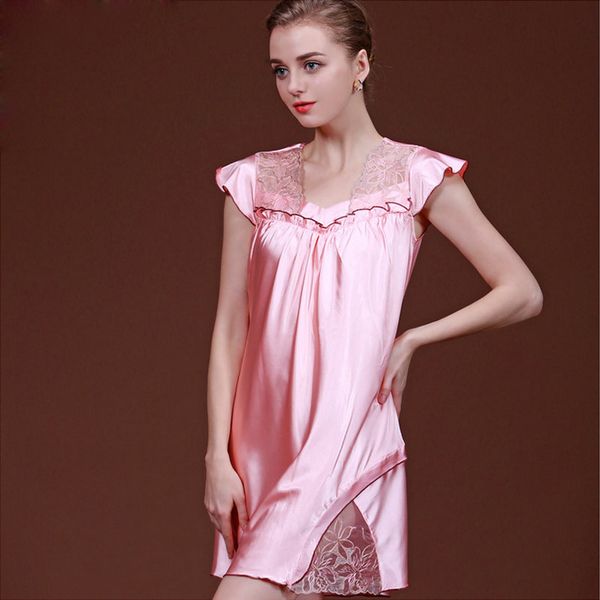

casual embroidery sleepwear dress nightdress loose lace silk nightgown lingerie short sleeve mini summer sleep wear, Black;red