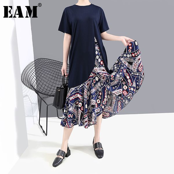 

eam] женщины синий узор печатных длинный темперамент платье новый круглый вырез с коротким рукавом свободный покрой мода весна лето 2020 1t, Black;gray