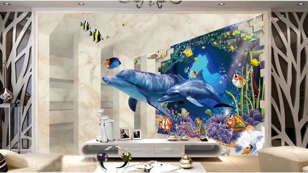 

custom wallpaper 3d stereoscopic 3d underwater world dolphin mother and child living room bedroom background wall decoration mural wallpape