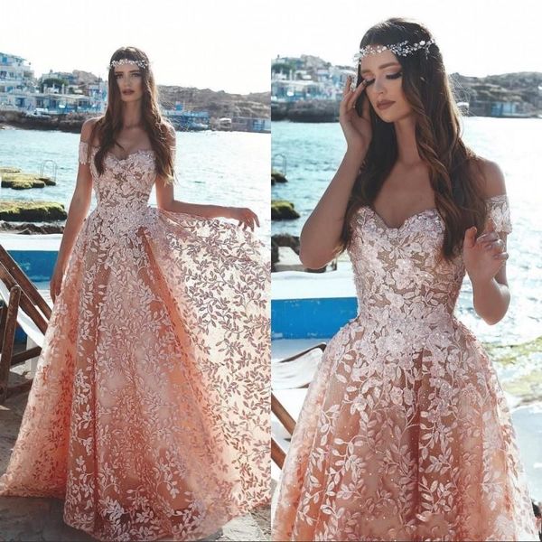 

2019 off the shoulder lace a line evening dresses pink beaded illusion lace party prom gowns bc0348