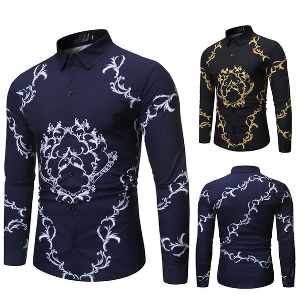 

new style men in autumn and winter fashion personality shirt lapel single breasted multi-color print long sleeve shirt blouse, White;black