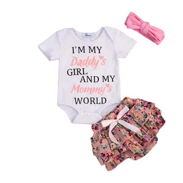 

new 0-24m cute infant baby girl clothes daddy's world cotton romper +floral bloomers shorts headband 3pcs outfits, White