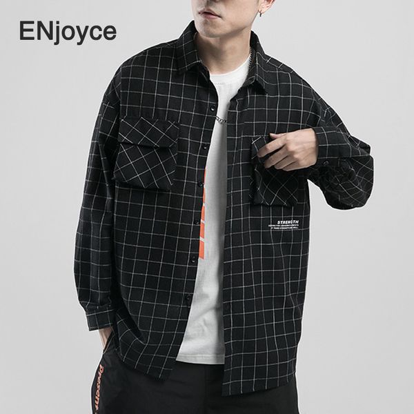 

men's casual shirts 2021 spring autumn cotton black plaid shirt men full sleeve japanese harajuku boys clothing mens clothes, White;black