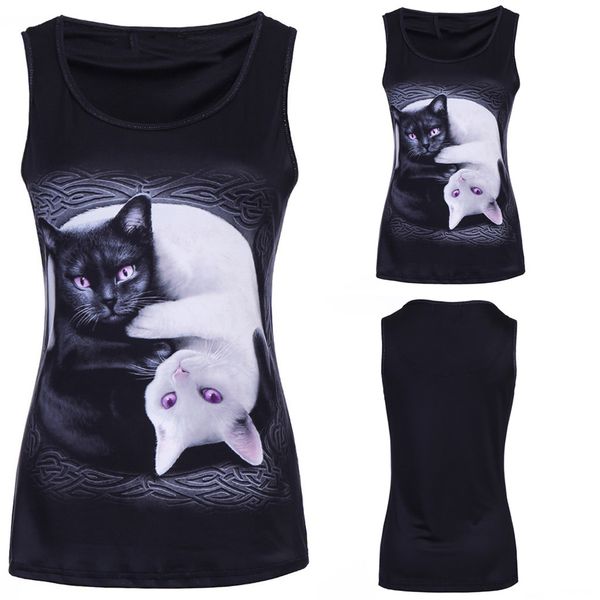 

fashion women 3d printed cat sleeveless tank o-neck printing cartoon vest casual playeras de mujer, White