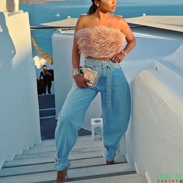 

women high waist bodycon denim pants solid blue streetwear fashion slim fit trends plus size female trousers 750g