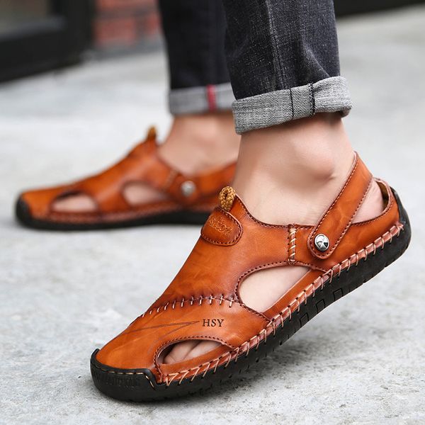 

men's sandals summer casual leather shoes genuine leather sandals men gladiator men outdoor hiking shoes, Black