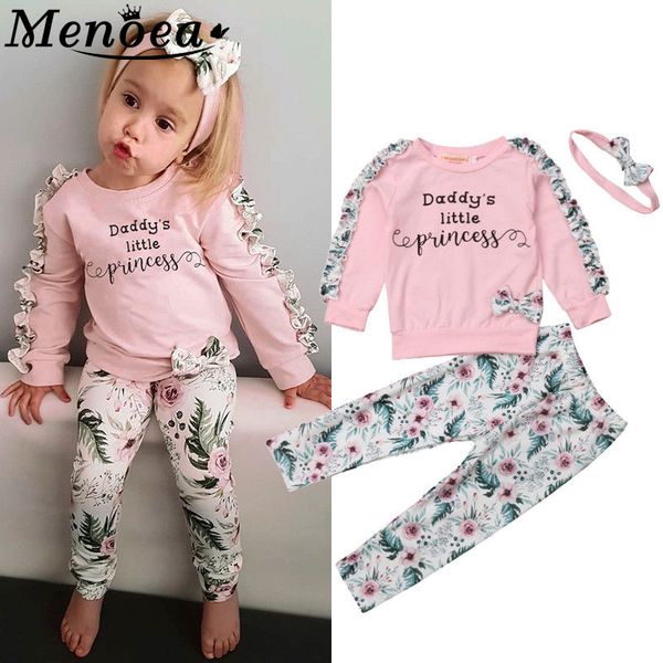 

menoea 0-2 newborn autumn winter cute infant baby ruffles sleeve letter floral pullover +pants+headband girls clothes, White