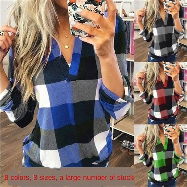 

women's autumn plaid printed v-neck long sleeve t- women's autumn plaid printed v-neck long sleeve shirt shirt t-shirt, White