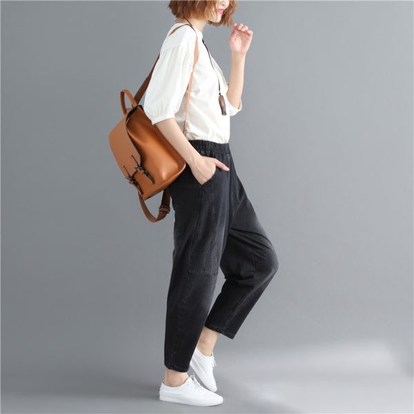 

2019 new arrival women elastic waist jeans pants female patchwork loose denim pants vintage pockets black trousers, Blue