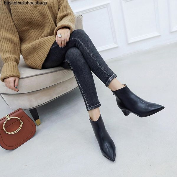 

women toe square heel pointed boots fashion buckle ankle boots women shoes zipper high heel boots shoes woman large size, Black