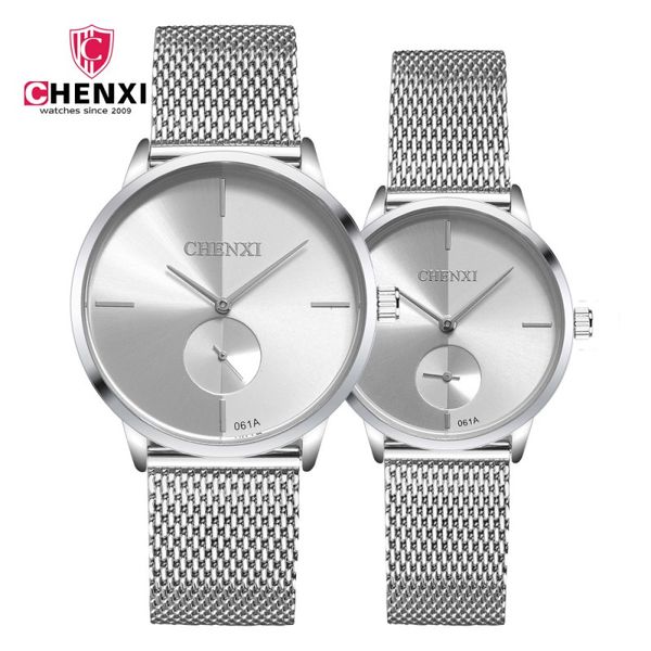 

chenxi lovers quartz watches new design silver stainless steel mesh belt men and women business style decorative clock watch, Slivery;brown