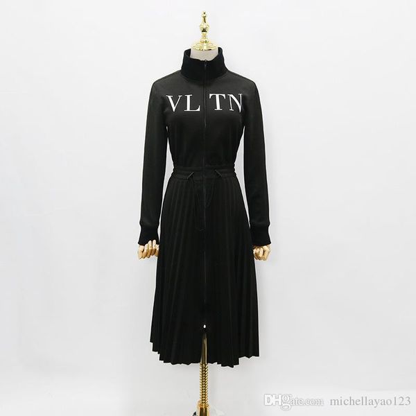 

2019 de igner women dre high end black tand collar long leeve pleat long womne dre letter print zipper celebrity tyle dre