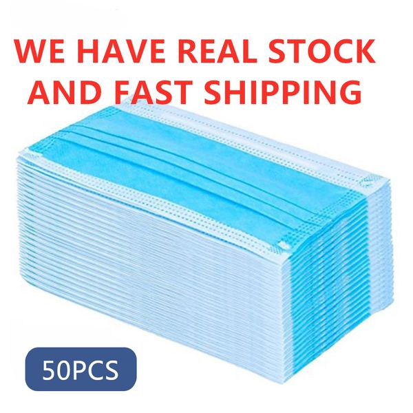 

DHL Free Ship 3 ply Disposable Face Masks 50Pcs PM2.5 mascherine Elastic Mouth masque Soft Breathable Face Mask In Bulk Stock