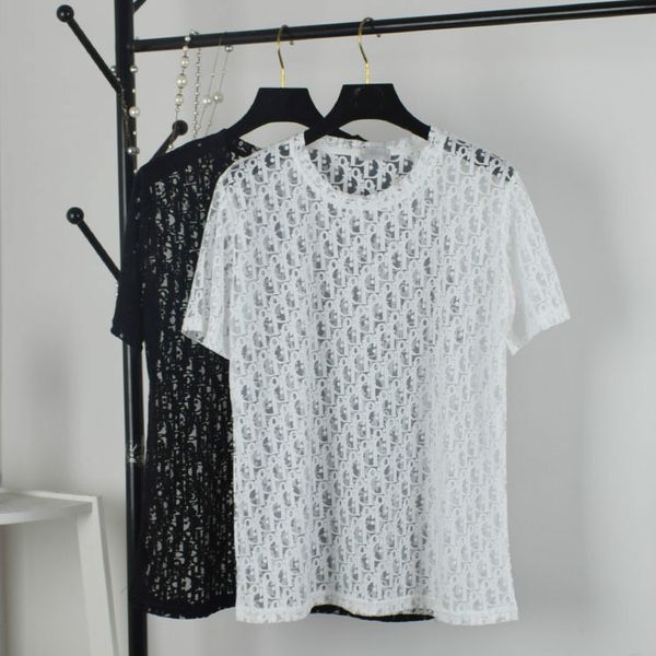 

fashion women's t-shirt black turtleneck lace bottoming shirt feminine hollow-out sunscreen gauze western short-sleeve fine mesh yarn t, White