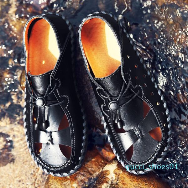 

mens shoe summer slippers men genuine leather breathable sewing handmade sandals beach slippers sandalias hombre sandale hommes 5 01d g01, Black